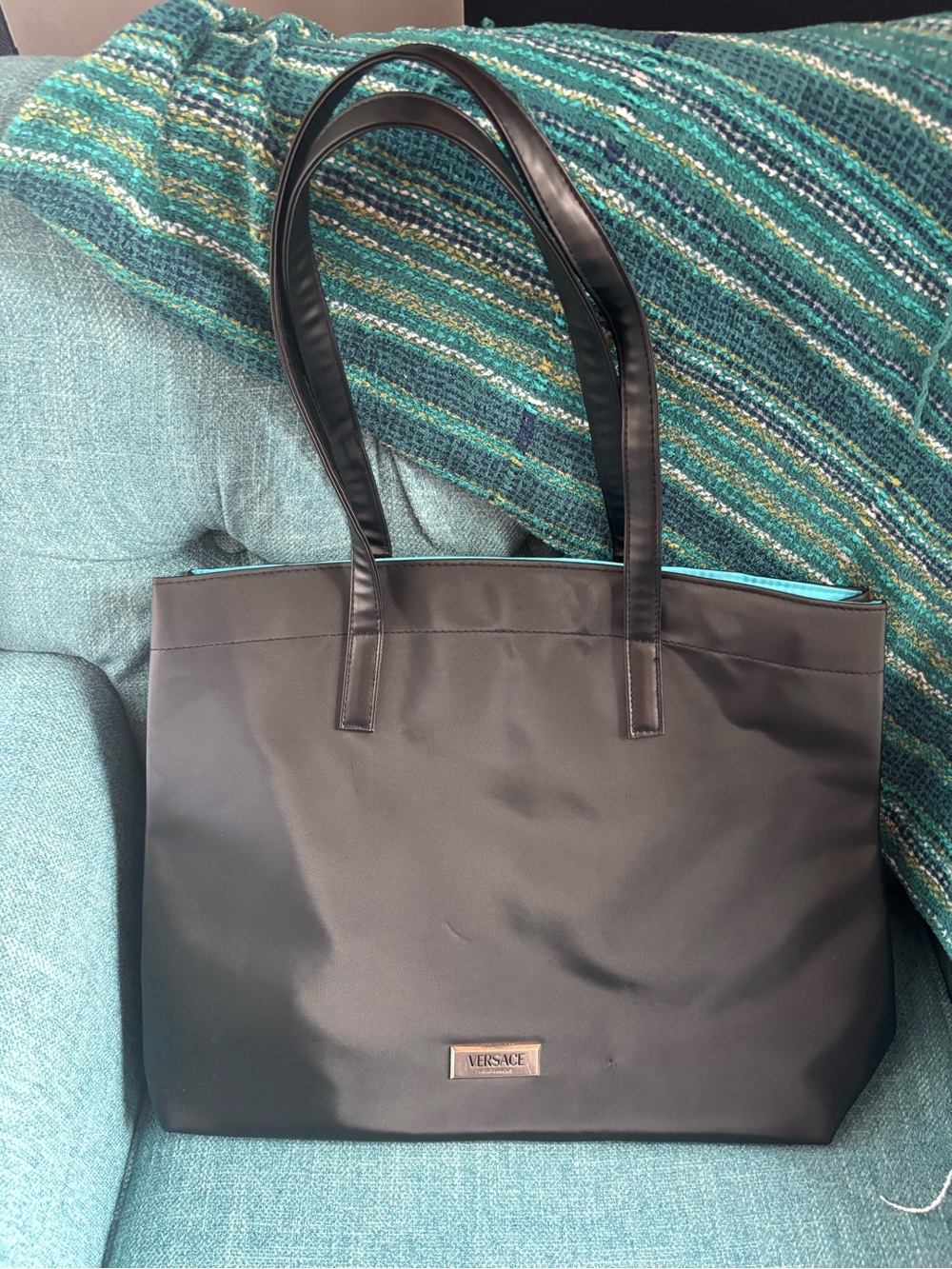 Versace Fragrances Black Tote Bag with Teal Lining - Like New with Strap